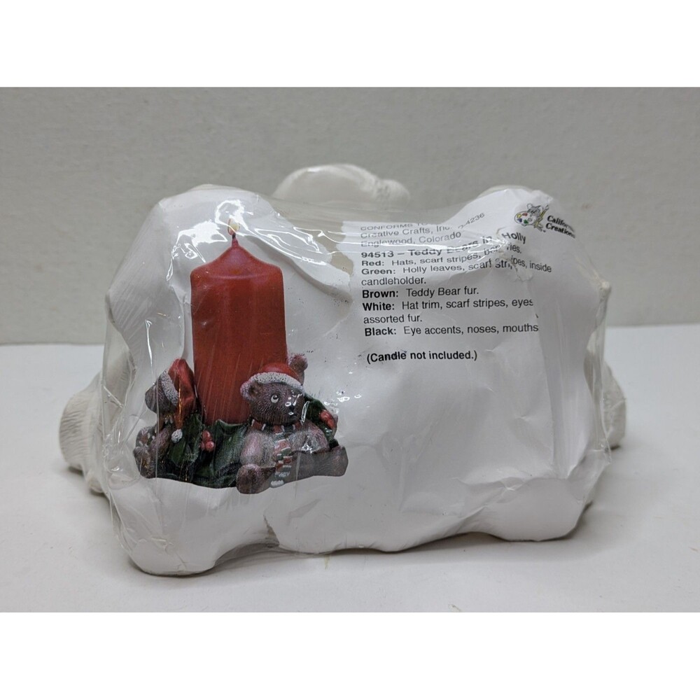 California Creations #94513 Teddy Bears in Holly Holiday Candle Holder NEW VTG
